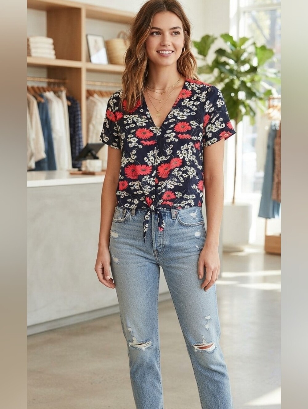 Madewell Navy Floral Tie-Front V-Neck Blouse